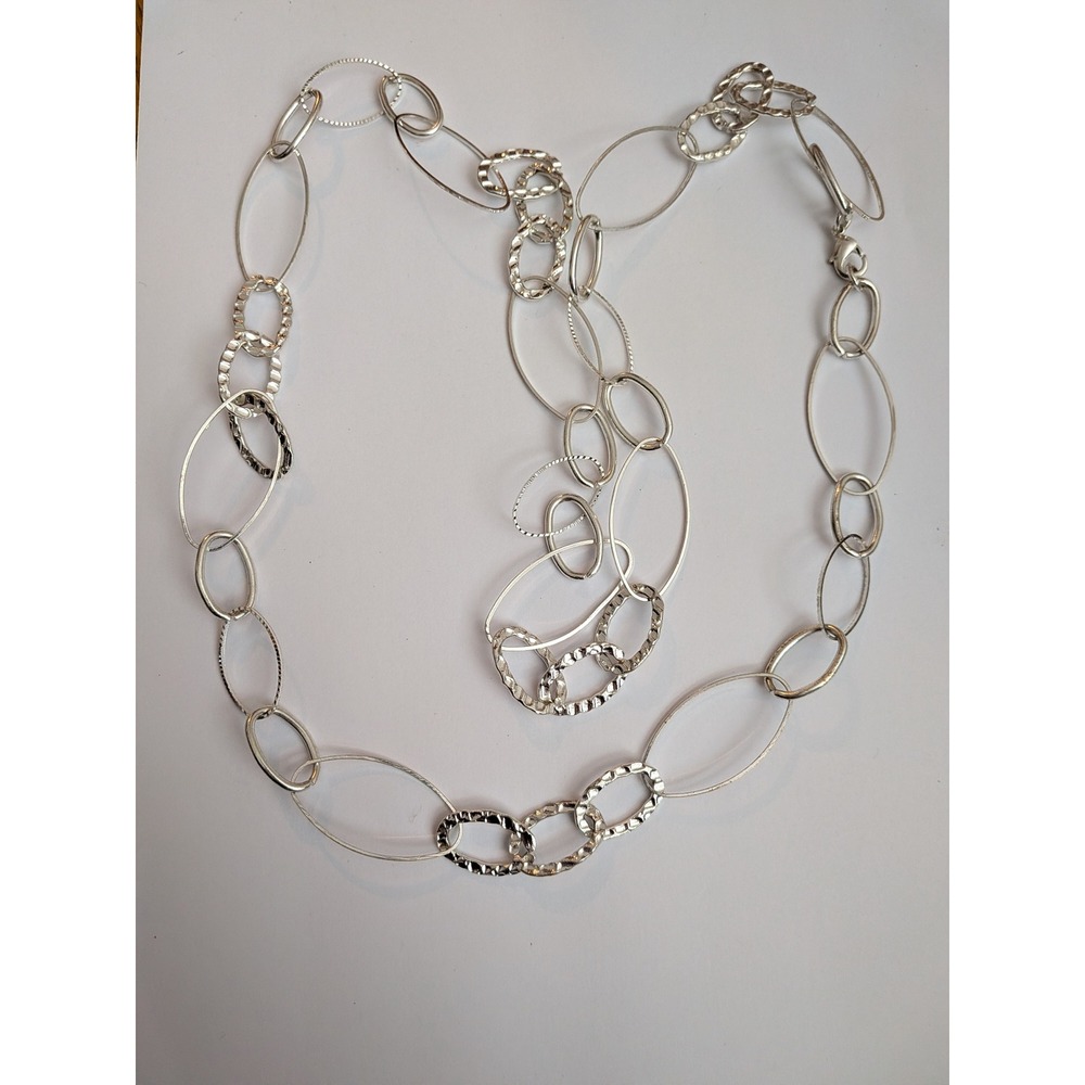 Silver Tone Textured Mixed Oval Link Long Chain Necklace 40 Inch Statement Piece - Picture 2 of 2